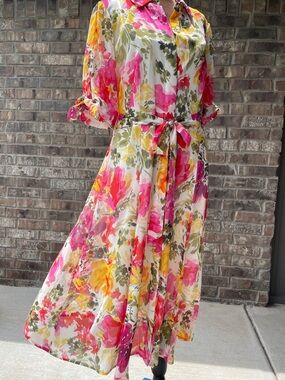 Calvin Klein Pink, Yellow & Green Floral Midi Dress